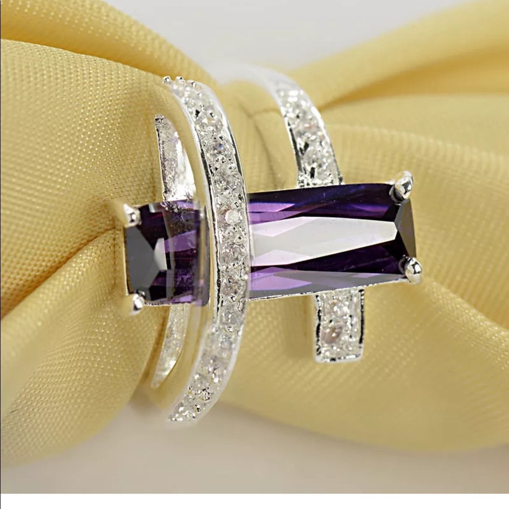 925 Silver Stamped Amethyst & White Topaz Ring